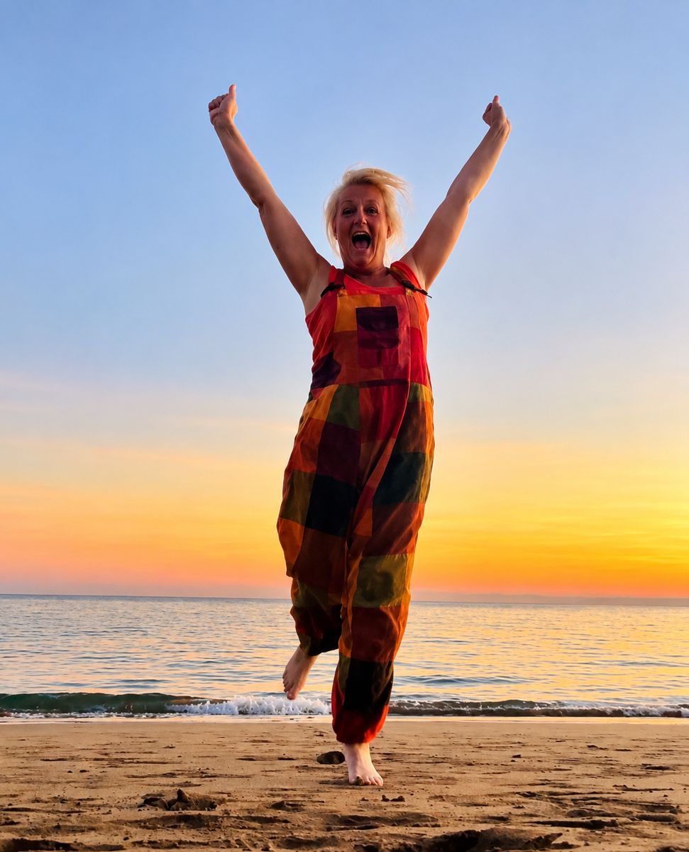 Jules leaping for joy on the beach at sunset