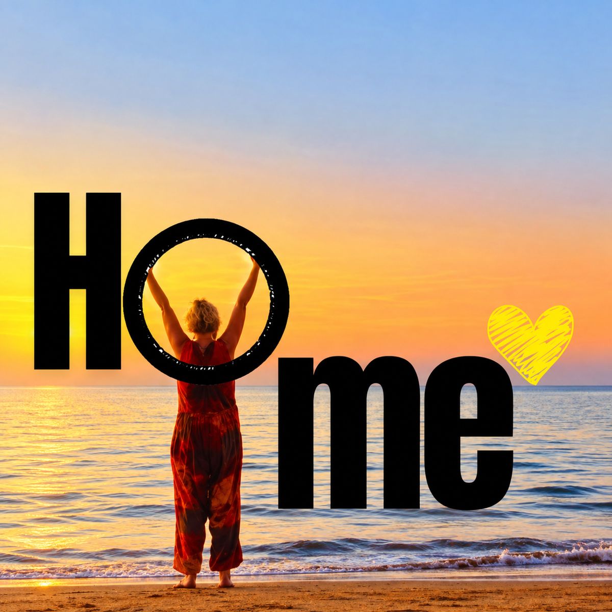 The HOME logo over a sunset sea, with Jules standing in the O, arms raised