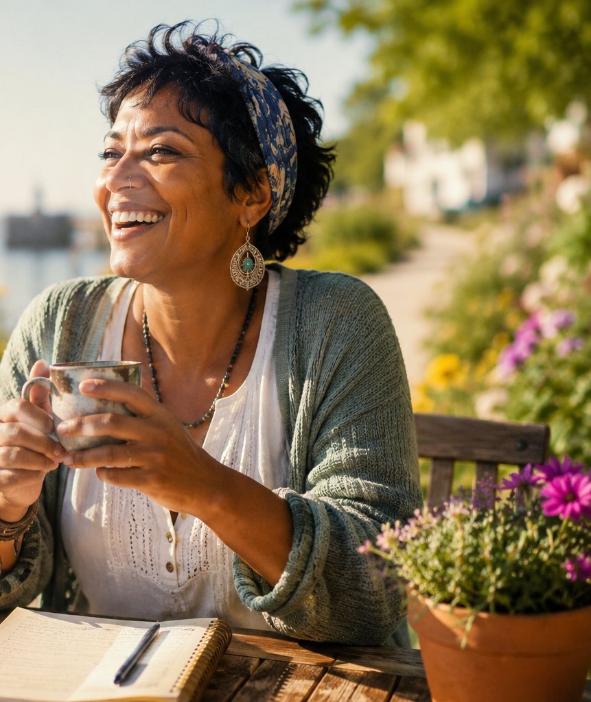 A woman enjoying a quiet coffee by the water, a journal open on the table