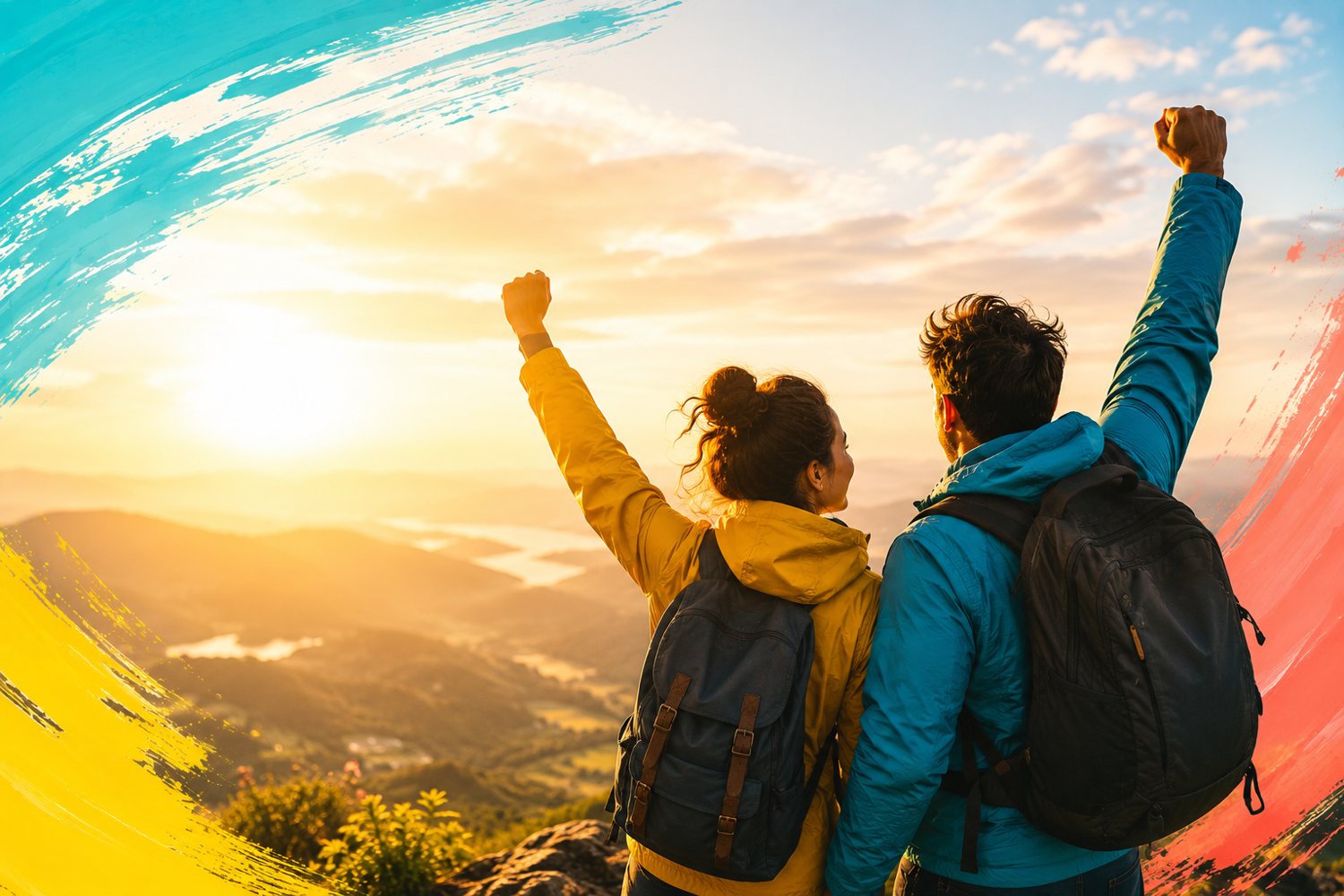 Two people celebrating at the top of a mountain at sunrise